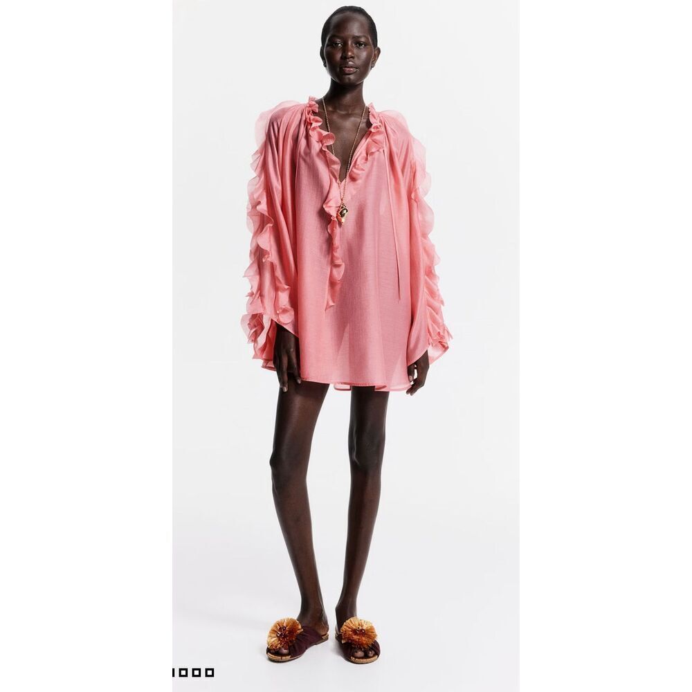 H&M the white lotus collection NWT long sleeve ruffled mini pink dress S
